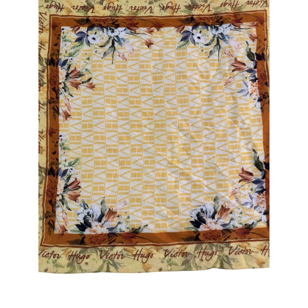 Vintage Victor Hugo Womens Floral Silk Scarf Yellow Botanical Monogram 60cm - Picture 3 of 7